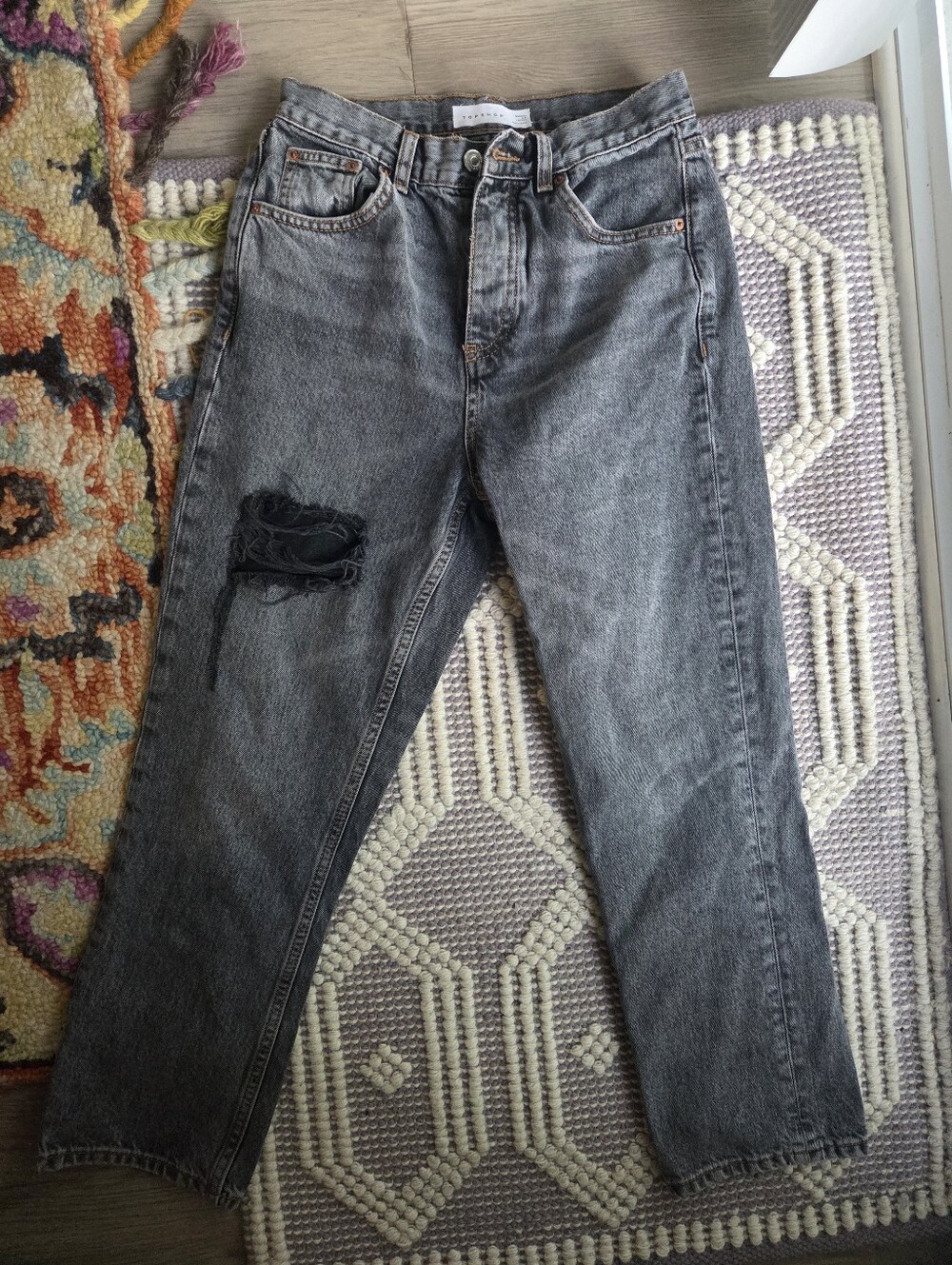 Topshop Washed Gray Cropped Ankle Jeans with Distressed Leg
